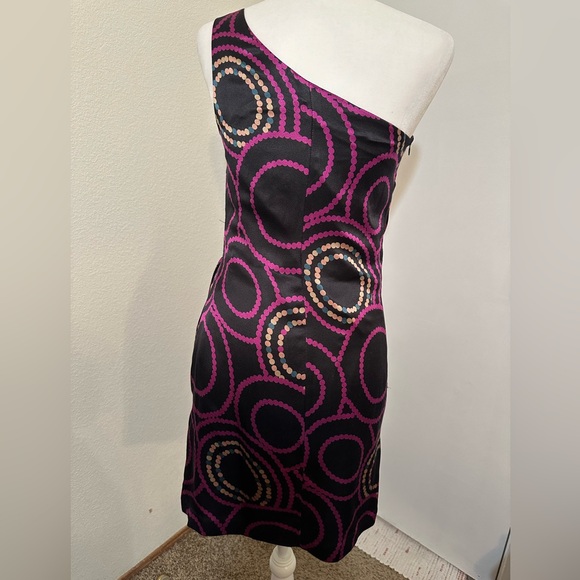TRINA TURK Purple One Shoulder Silk Mini Dress with Dot Pattern + Fringe EUC - Picture 3 of 8